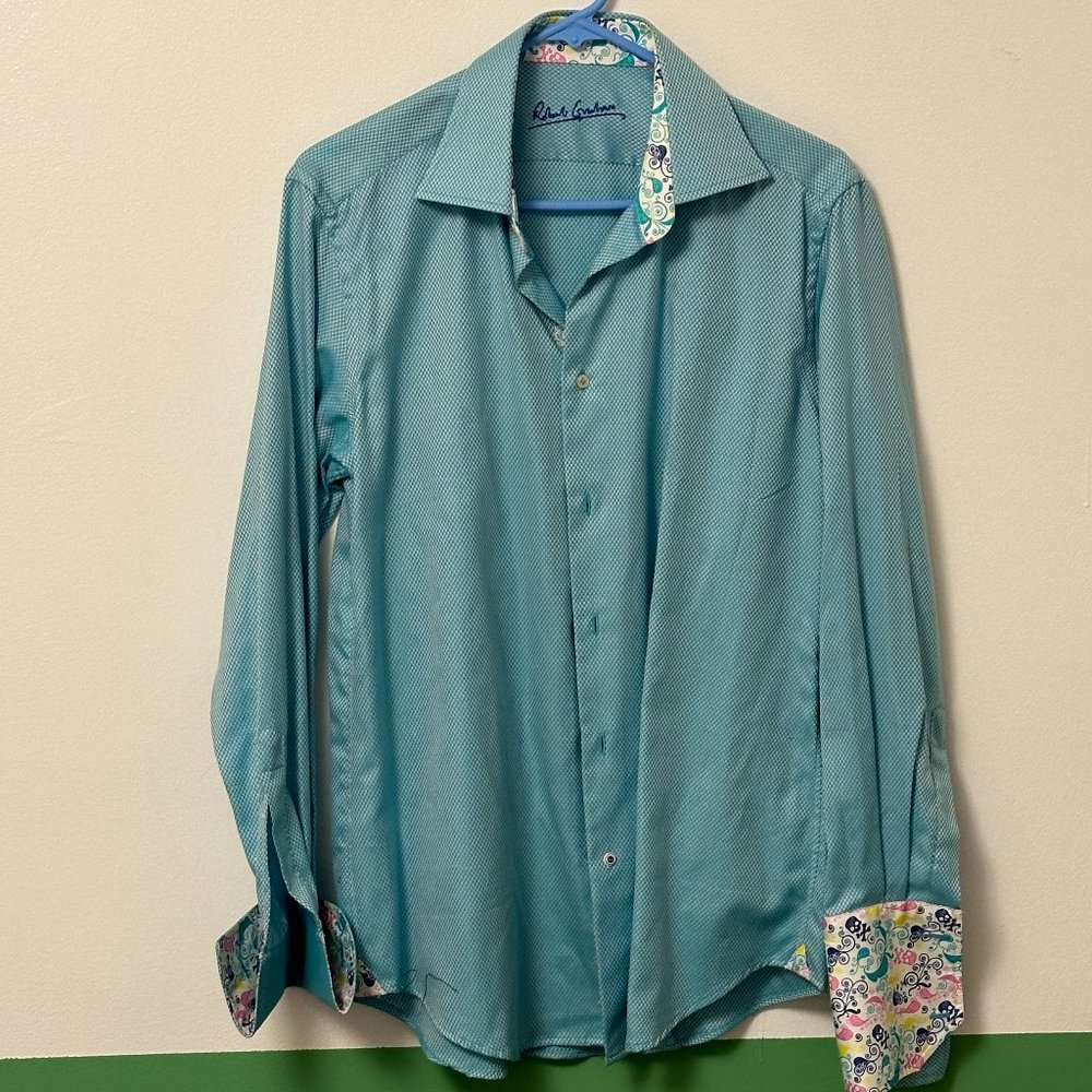Robert Graham, Size 15.5" M, 100% Cotton, Teal with white checker pattern